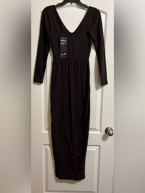 NWT REBDOLLS Essentials Bodycon Chocolate Brown V-Neck Stretch Maxi Dress M